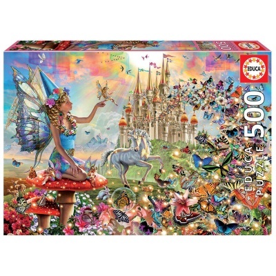 Caixa de puzzle EDUCA 500 peças com ilustração de fada, cogumelos, cavalo, castelo e borboletas