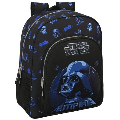 Mochila preta com estampados azuis do Star Wars e imagem do Darth Vader