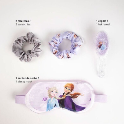 Conjunto coletes, escova de cabelo e máscara de sono lilás com personagens da Disney