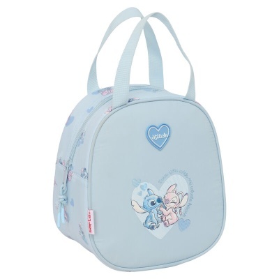 Mochila infantil azul claro com personagens Stitch e Angel em coração