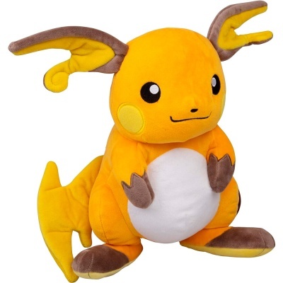 Pelúcia do personagem Raichu amarelo com detalhes castanhos e branco