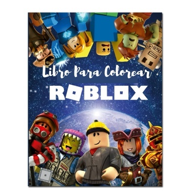 Capa de livro para colorir Roblox com personagens coloridos e fundo espacial.