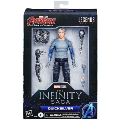 Action figure Quicksilver Marvel Avengers numa caixa preta e azul com acessórios