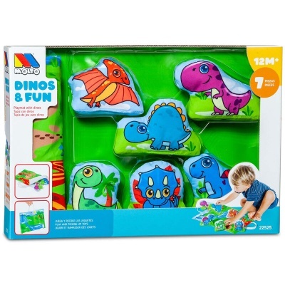 Jogo de atividade infantil com peças de dinossauros coloridos em embalagem de caixa