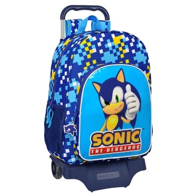 Mochila de rodinhas azul com estampa do Sonic e padrão de quadrados coloridos