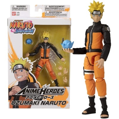 Figura de ação Naruto Uzumaki com roupas preta e laranja e acessório azul, em embalagem com logo Naruto Shippuden.
