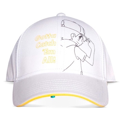 Boné branco com texto e personagem estampados na frente