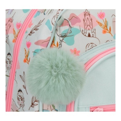 mochila colorida com padrão e chaveiro pompom verde claro