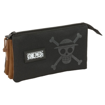 Estojo preto e castanho com padrão de caveira e etiqueta One Piece.