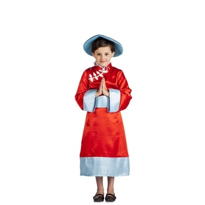Criança com fantasia tradicional chinesa vermelha e azul