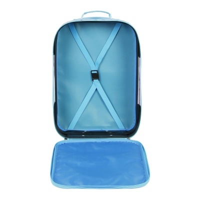 Mala de viagem azul aberta mostrando interior e alças cruzadas