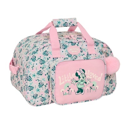 Mala de viagem rosa Minnie Mouse com estampa floral e bolso frontal com texto