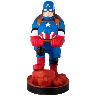 Figura de super-herói azul e vermelho em base preta com relevo vermelho