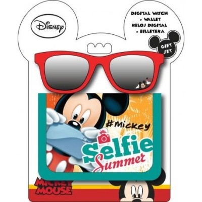 Relógio digital e carteira Disney Mickey Mouse em embalagem temática colorida