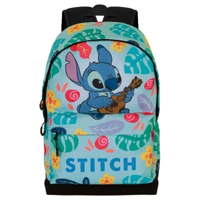 Mochila azul com personagem Stitch tocando ukulele e texto STITCH