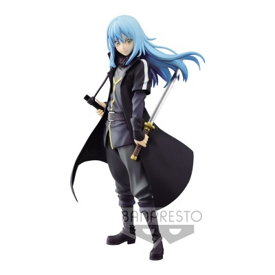 Figura colecionável de personagem anime com cabelo azul claro e espadas