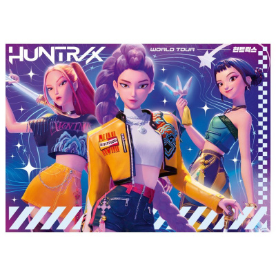Três personagens femininas animadas em roupas coloridas com fundo azul estrelado e texto HUNTRIX WORLD TOUR.