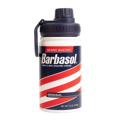 Pote de creme de barbear Barbasol com tampa preta e rótulo colorido