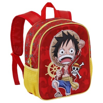 Mochila infantil vermelha e amarela com personagem de desenho animado