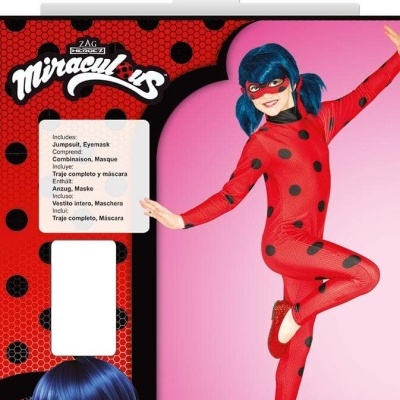 Fato Ladybug vermelho com pontos pretos e máscara em embalagem