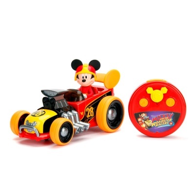 Carrinho de brinquedo vermelho e amarelo com figura do Mickey Mouse e comando redondo