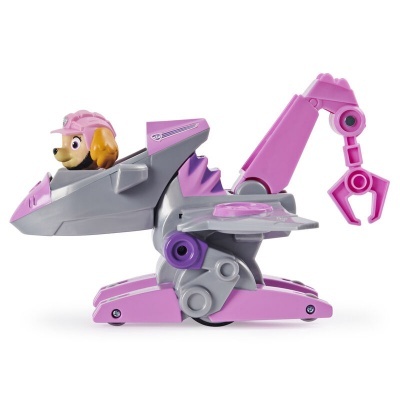 Brinquedo Paw Patrol com figura de cão num veículo cinza e rosa com braço robótico