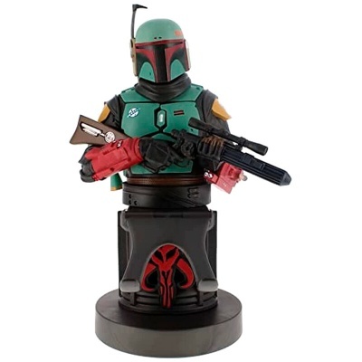 Estatueta busto personagem com capacete e armadura verde segurando arma, base preta com símbolo vermelho