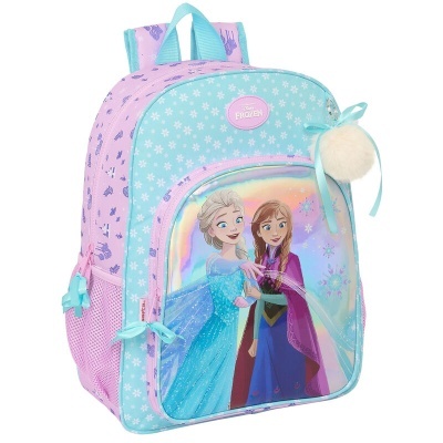 Mochila infantil azul claro e lilás com estampa dos personagens Anna e Elsa de Frozen e bolso frontal holográfico