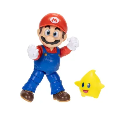 Figura de ação do personagem Mario e uma estrela amarela sorridente.