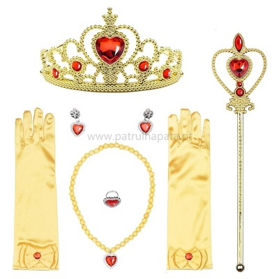 Conjunto de acessórios de princesa dourados com corações vermelhos sobre fundo branco