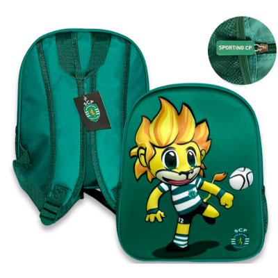 Mochila verde do Sporting CP com mascote e fecho com texto