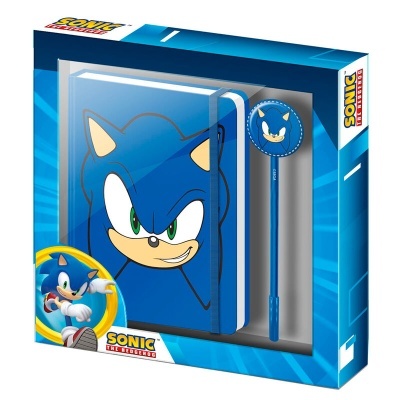 Conjunto de caderno azul com rosto de Sonic e caneta azul com figura de Sonic