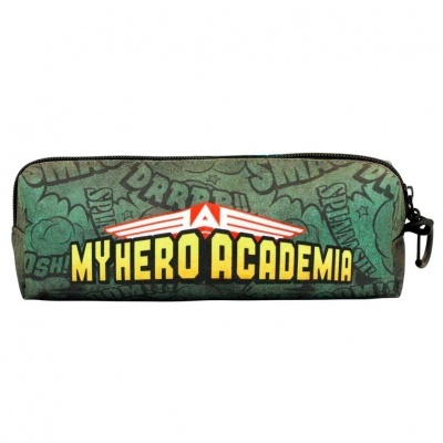 Estojo verde com padrão de texto e logo MY HERO ACADEMIA em destaque