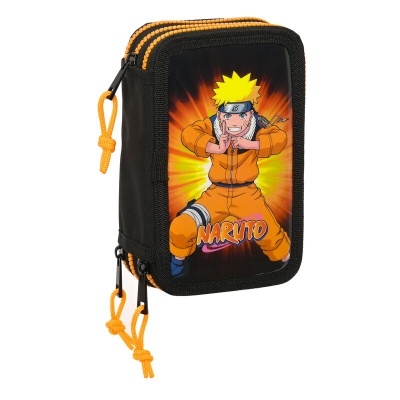 Estojo preto com zíper laranja e imagem do personagem Naruto em roupa laranja