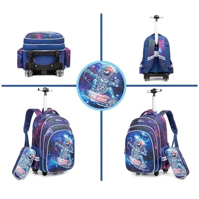 Mochila de rodas azul com estampa de astronauta e estojo combinando