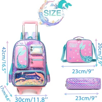 Mochila de rodas com padrão de cauda de sereia, bolsa térmica e estojo, em tons rosa, azul e lilás