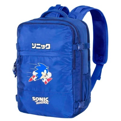 Mochila azul com desenho do Sonic e texto em japonês e inglês