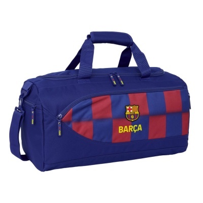 Mala desportiva azul com riscas vermelhas e azuis e emblema do Barça