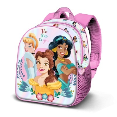 Mochila rosa infantil com princesas Disney e texto inspirador.