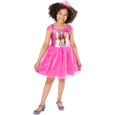 Vestido rosa de criança com estampagem Barbie e tiara cor de rosa
