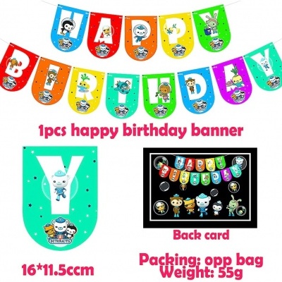 Bandeirola colorida feliz aniversário com personagens astronautas