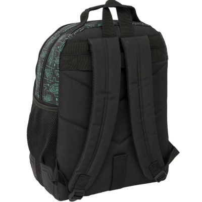 Mochila preta com alças acolchoadas e padrão geométrico no topo