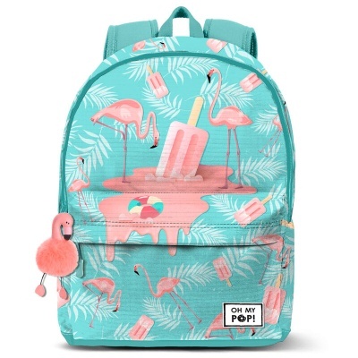 Mochila azul turquesa com padrão de flamingos e gelados cor-de-rosa e amarelo, chaveiro de flamingo peluche e etiqueta OH MY POP!