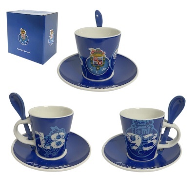 Conjunto de chávena, prato e colher do Futebol Clube do Porto em porcelana azul