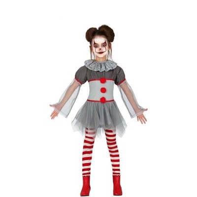 Fantasia infantil cinzenta e vermelha com tule, botões grandes e riscas