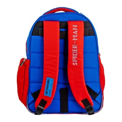 Mochila azul e vermelha com alças acolchoadas e texto Spider-Man