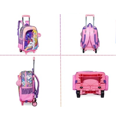 Mochila trolley infantil rosa com unicórnio e pompom