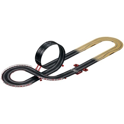 Pista de corrida para carros elétricos com formato de oito e loop, em plástico preto com marcas brancas e vermelhas