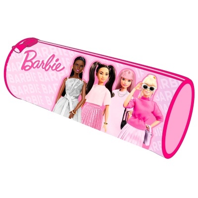 Estojo rosa com várias bonecas Barbie desenhadas