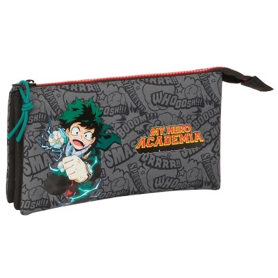 Estojo escolar My Hero Academia cinzento com personagem Izuku Midoriya e padrão de palavras em banda desenhada